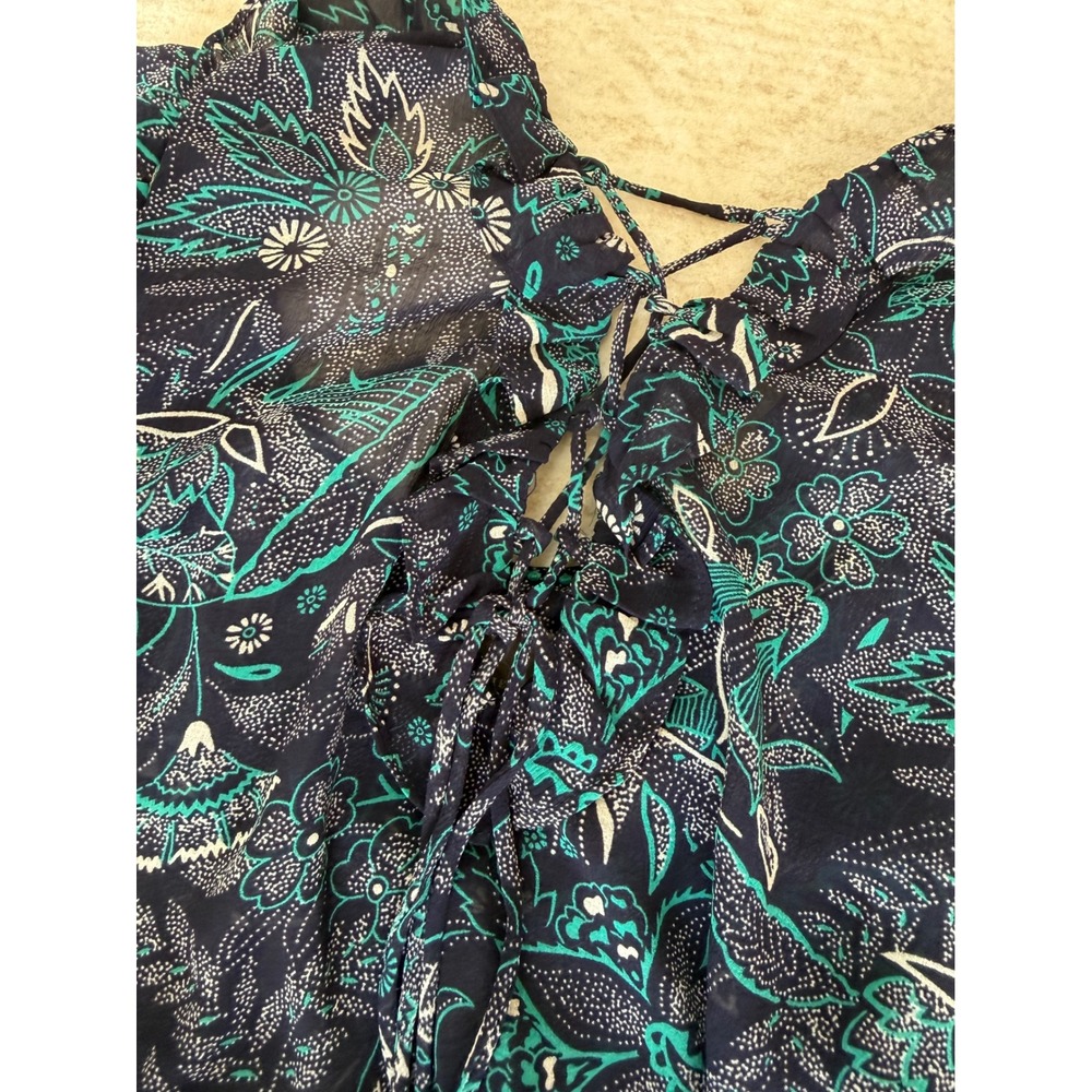 Anthropologie Navy Teal Floral Paisley Lace Up Ruffle Peasant Blouse Small - Picture 9 of 9